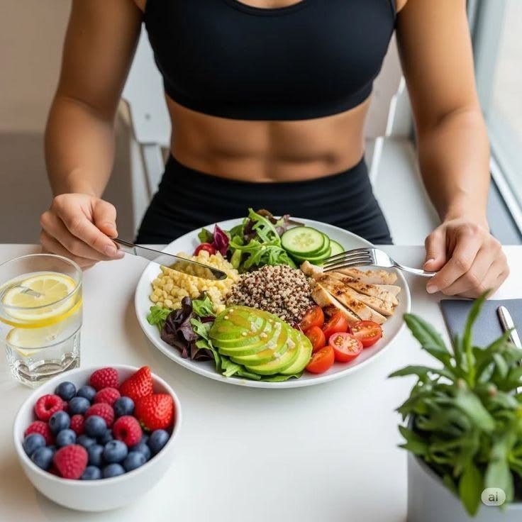 Stylized calm desk with plant, glass, and warm neutral surfaces